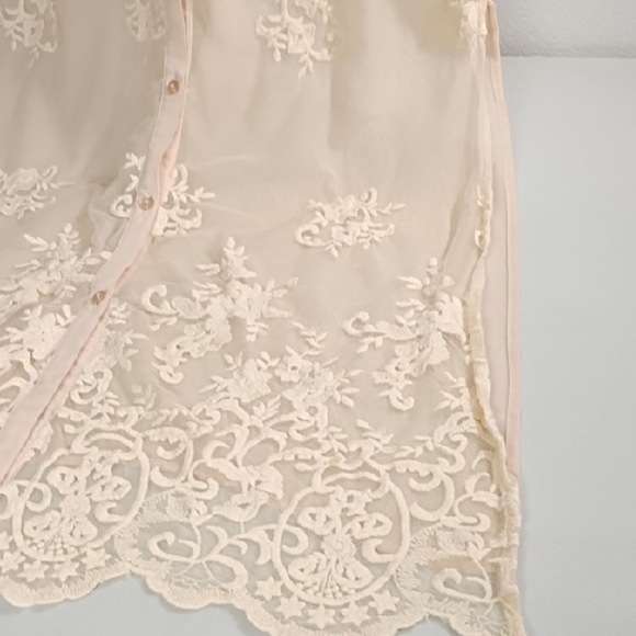 Pink Sheer Netting Embroidered Long Button Up Vest Shirt Side Slits - Picture 12 of 13